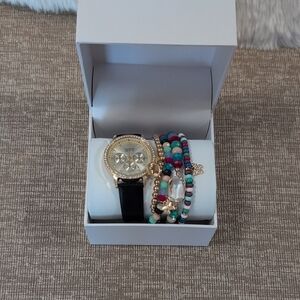 Chic Gold Watch with Black Strap and Colorful Beaded Bracelet